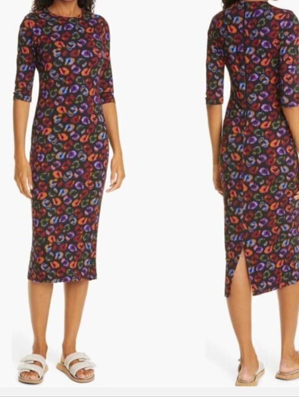 Farm Rio Leopard Midi Jersey Sheath Dress Black IKAT-DYED Size XS